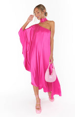 Rhea One Shoulder Dress ~ Hot Pink Luxe Satin