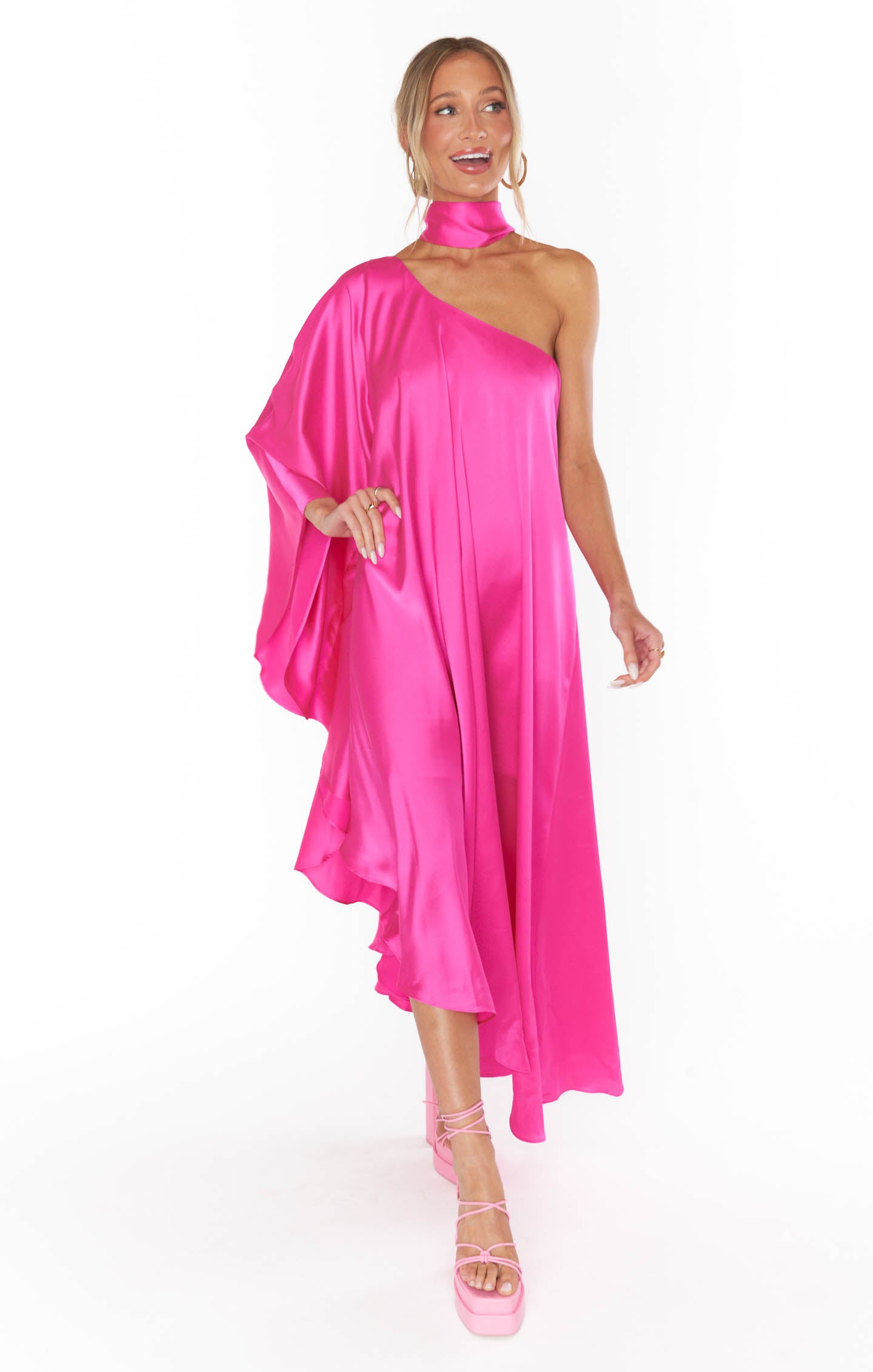 Rhea One Shoulder Dress ~ Hot Pink Luxe Satin