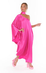 Rhea One Shoulder Dress ~ Hot Pink Luxe Satin