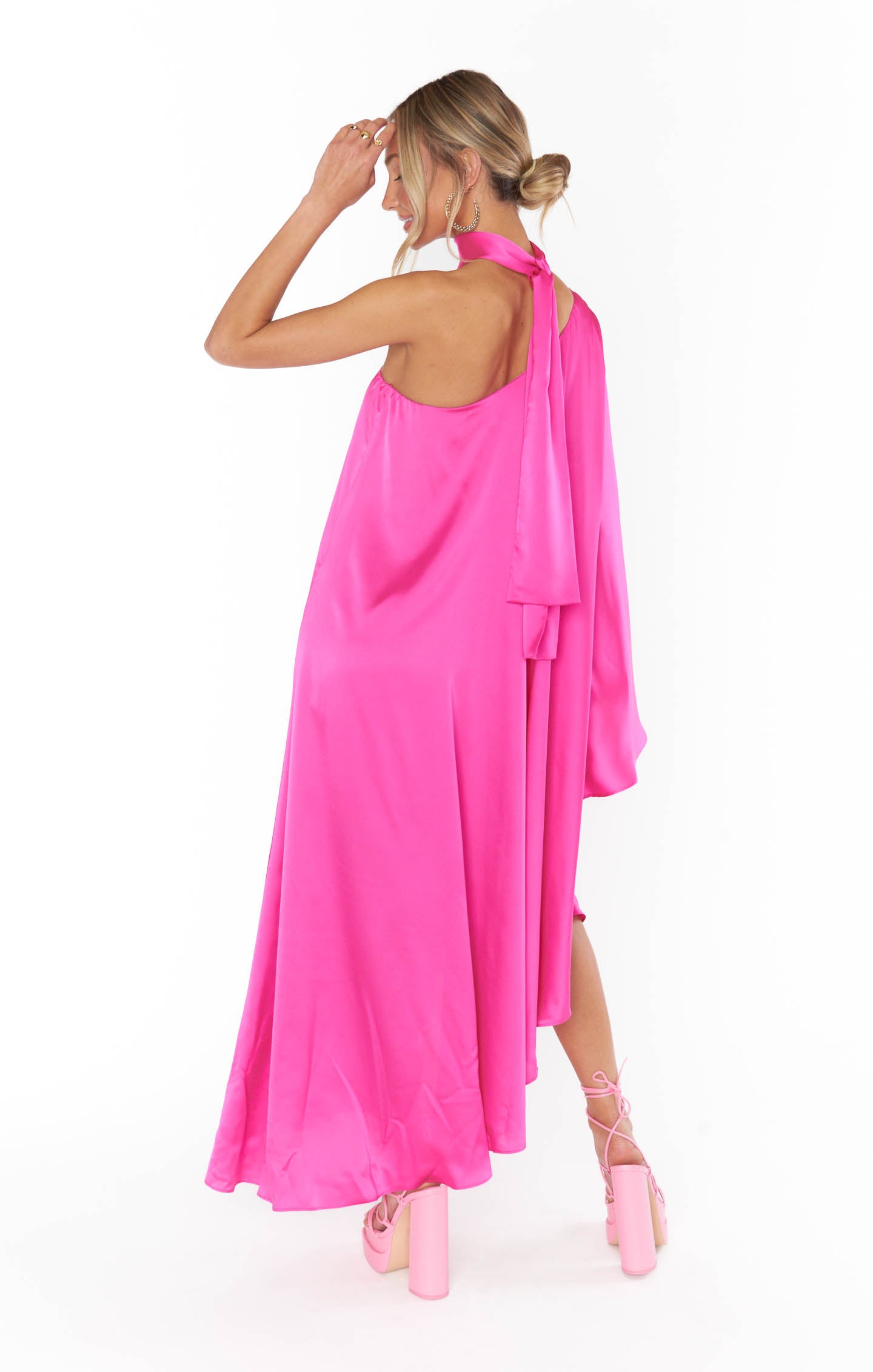 Rhea One Shoulder Dress ~ Hot Pink Luxe Satin