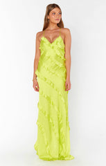 Romance Ruffle Dress ~ Citrine Luxe Satin