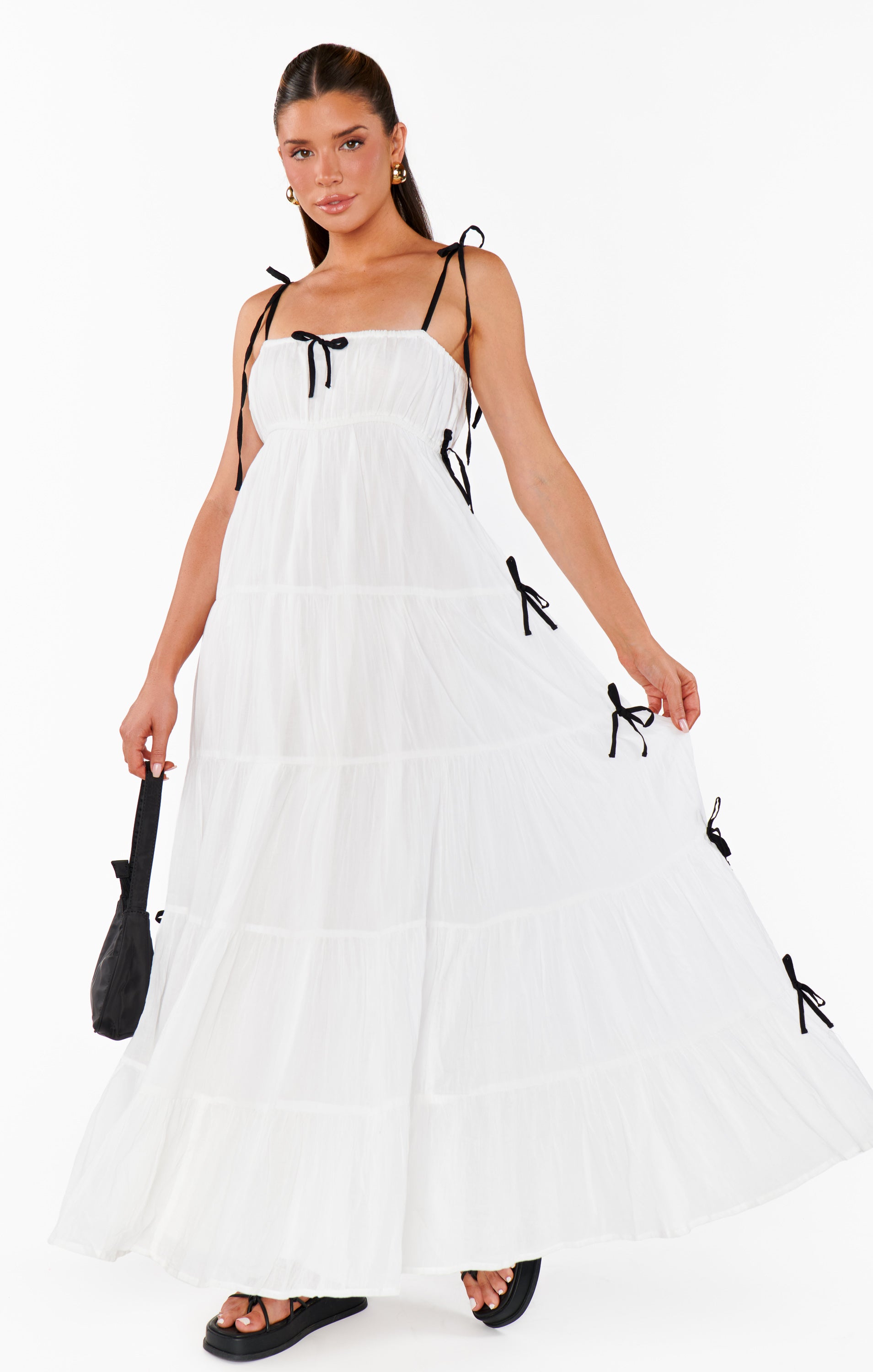 Harmony Maxi Dress ~ White Voile with Black Bows