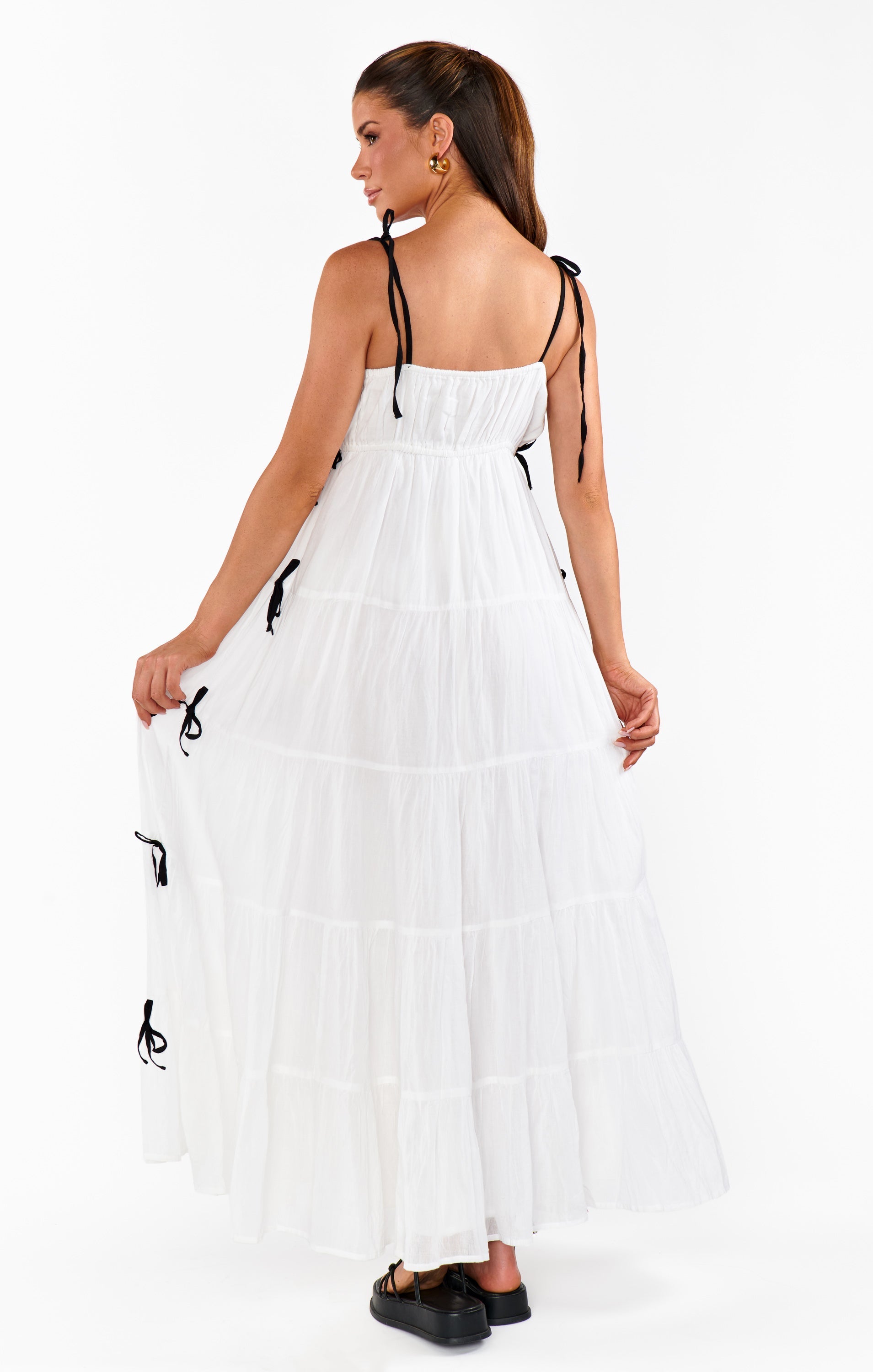 Harmony Maxi Dress ~ White Voile with Black Bows