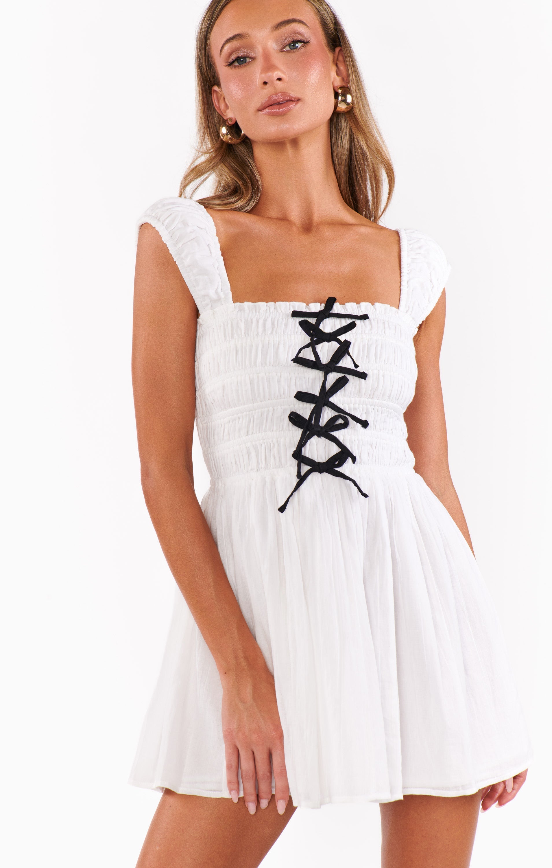 Mabel Mini Dress ~ White Voile with Black Bows