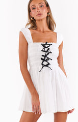 Mabel Mini Dress ~ White Voile with Black Bows