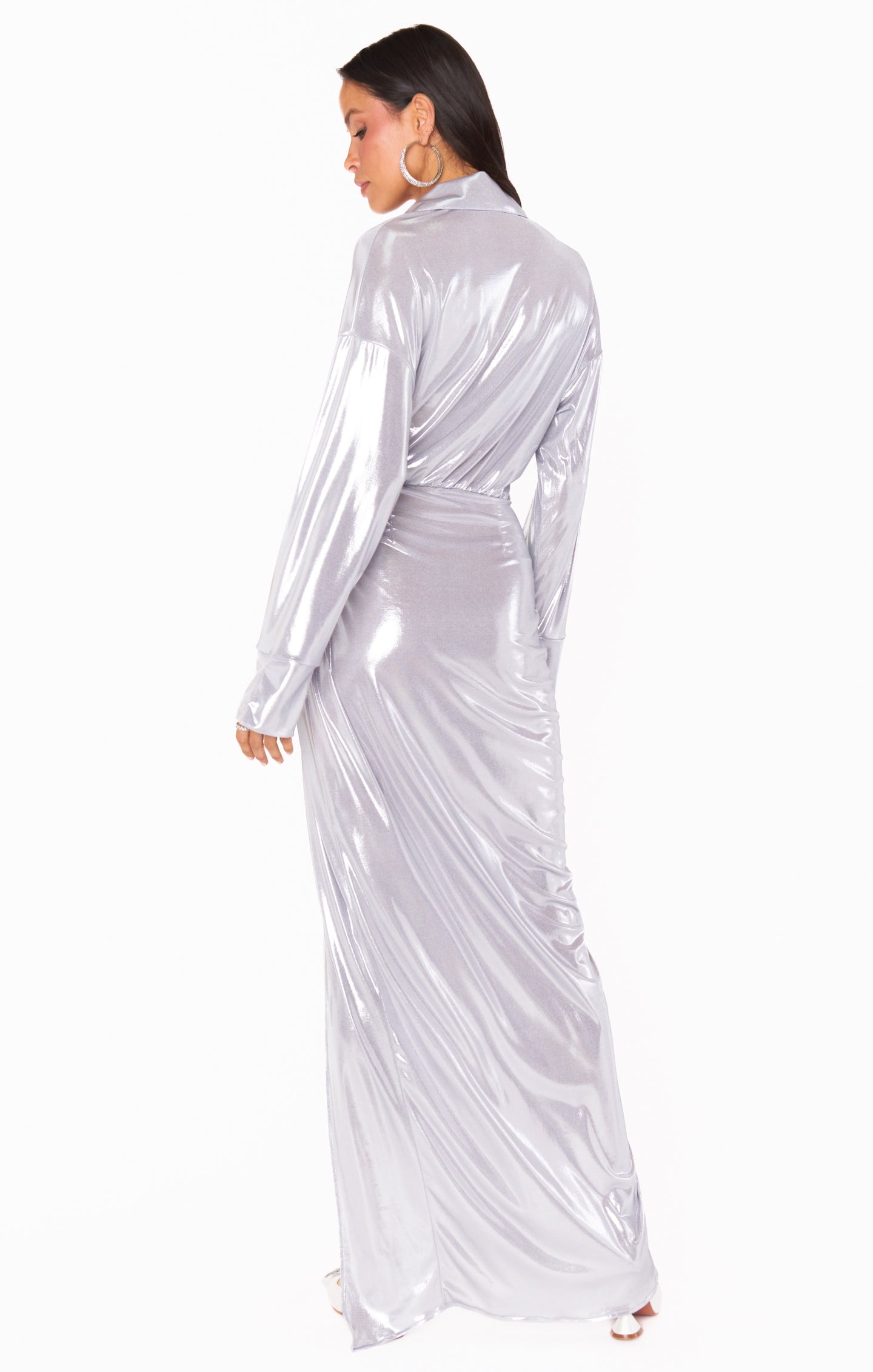 Clara Collared Maxi Dress ~ Silver Liquid Stretch