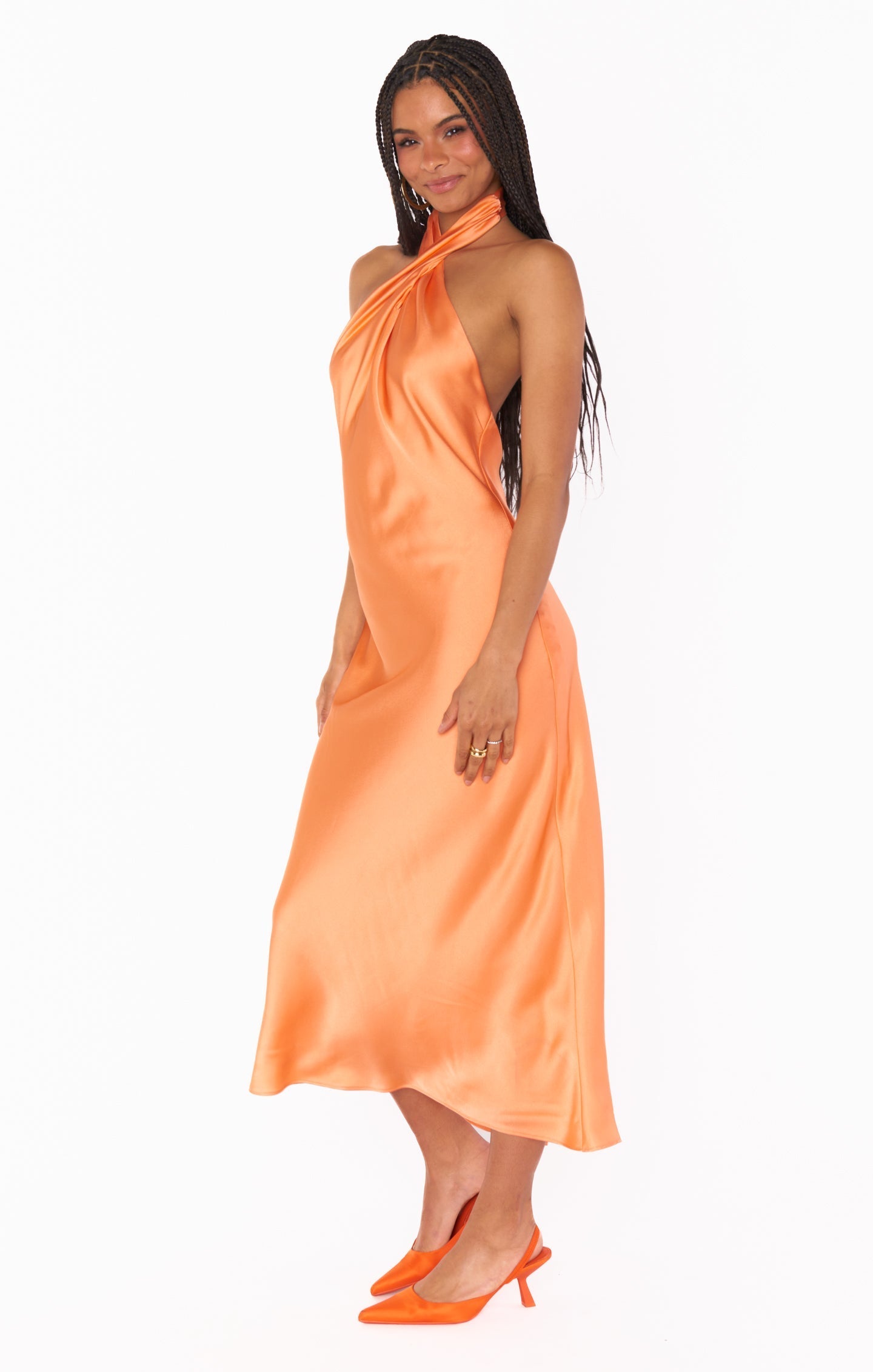 Jasmine Halter Midi Dress ~ Cantaloupe Luxe Satin
