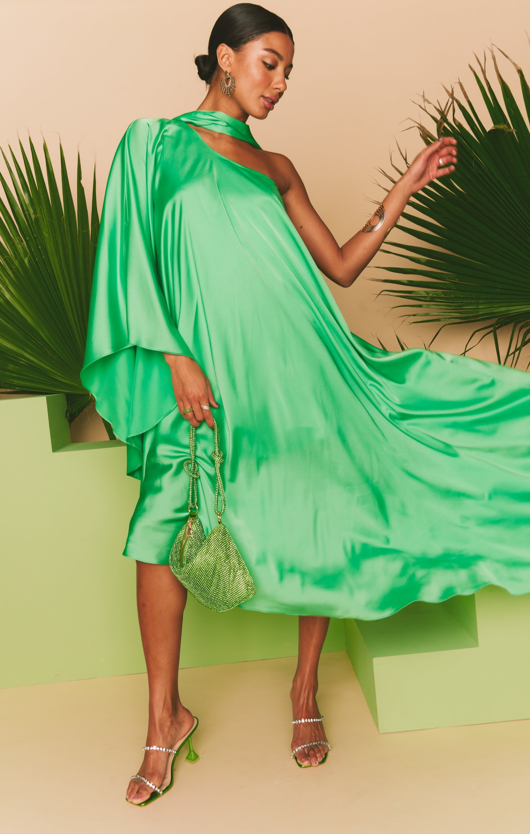 Rhea One Shoulder Dress ~ Kiwi Luxe Satin