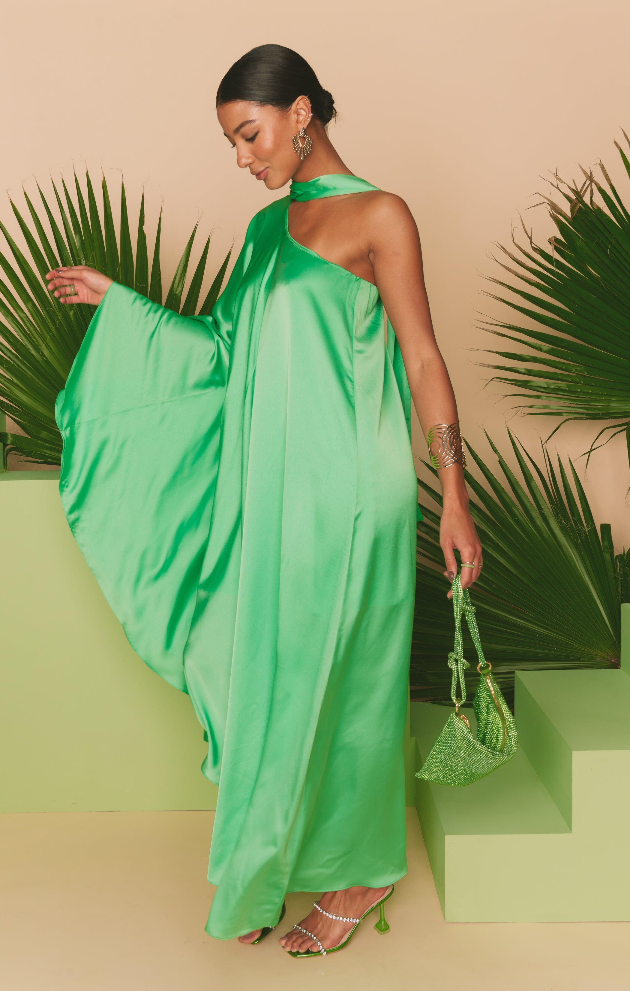 Rhea One Shoulder Dress ~ Kiwi Luxe Satin