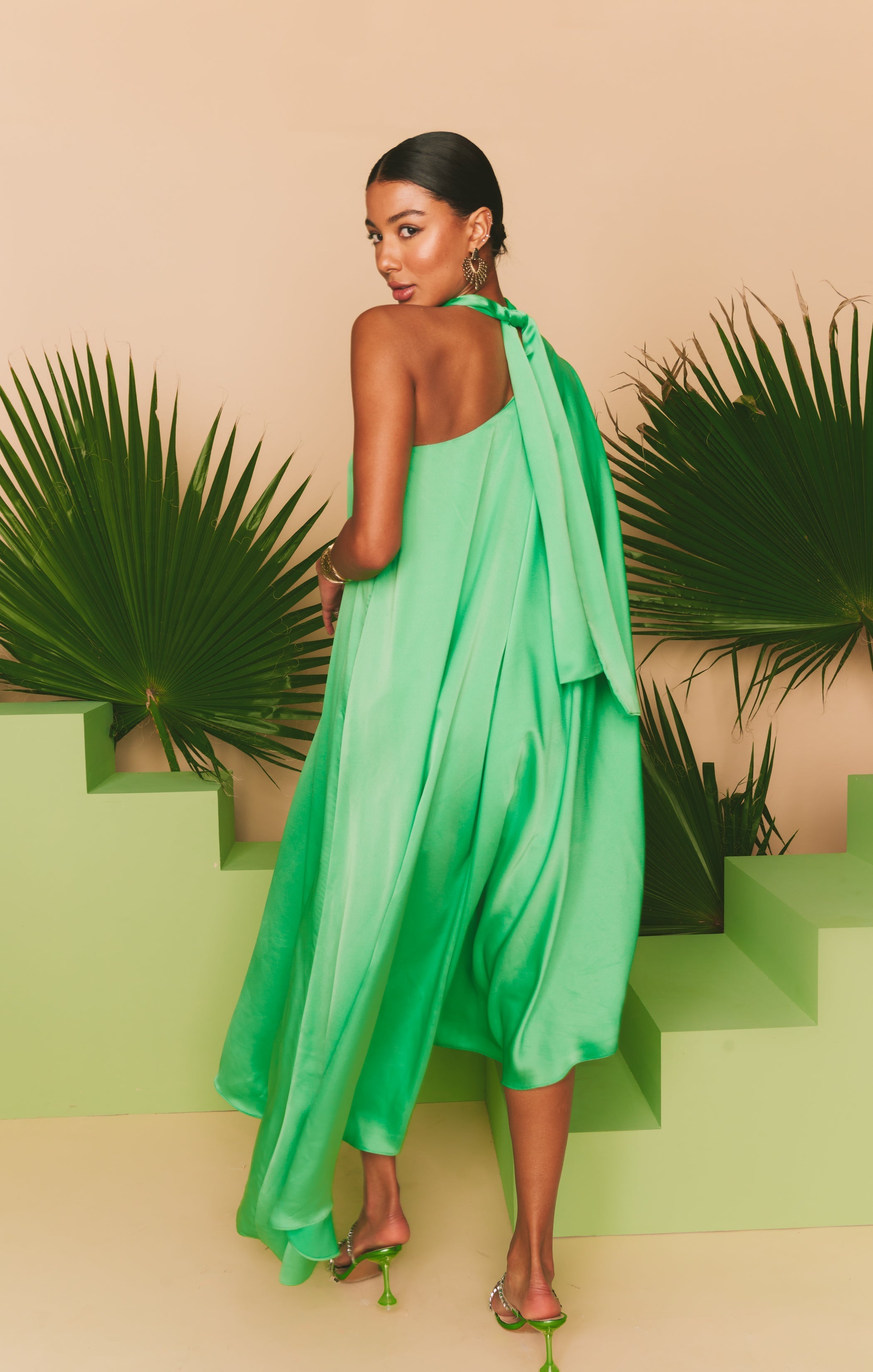 Rhea One Shoulder Dress ~ Kiwi Luxe Satin