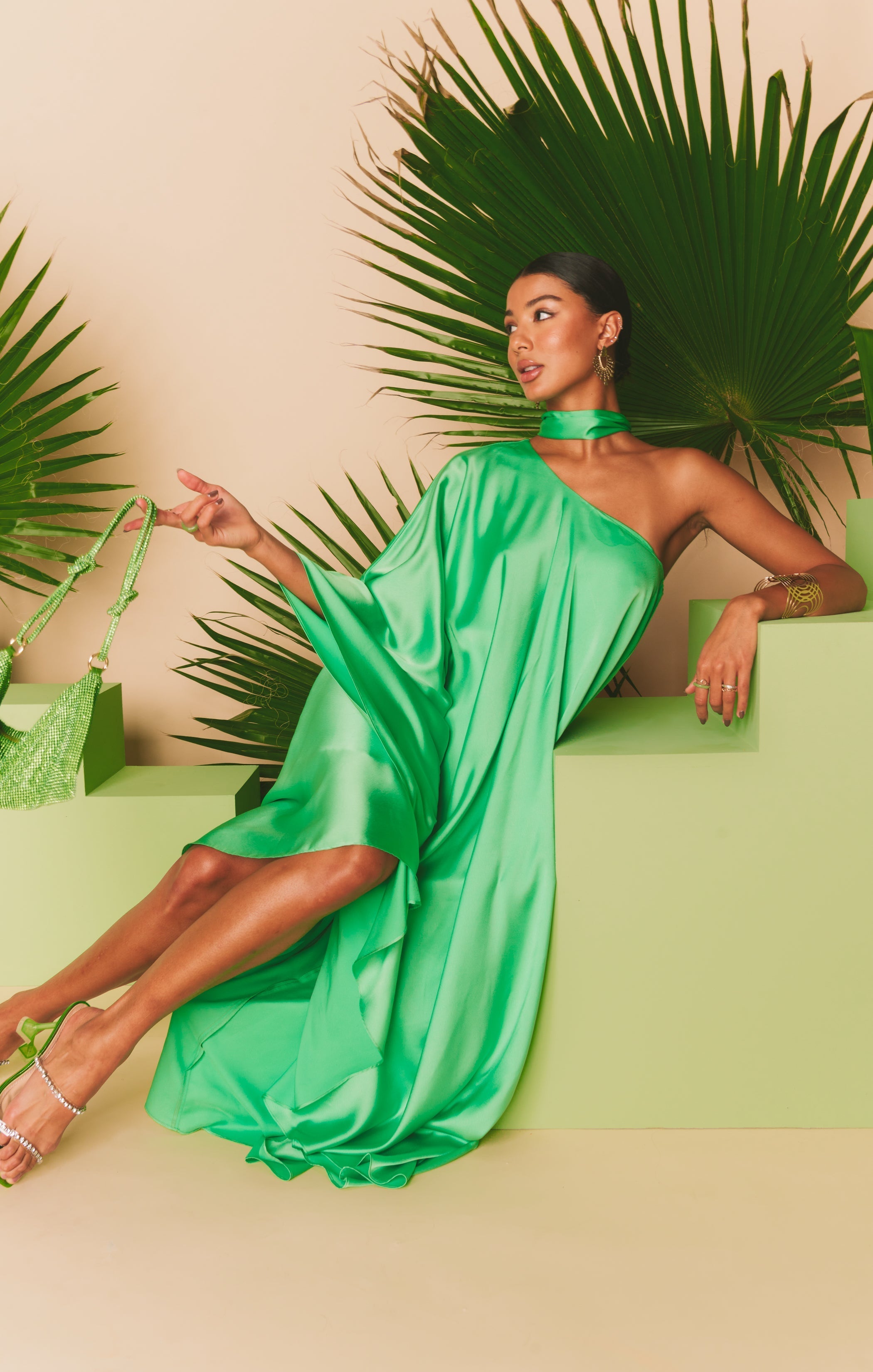 Rhea One Shoulder Dress ~ Kiwi Luxe Satin