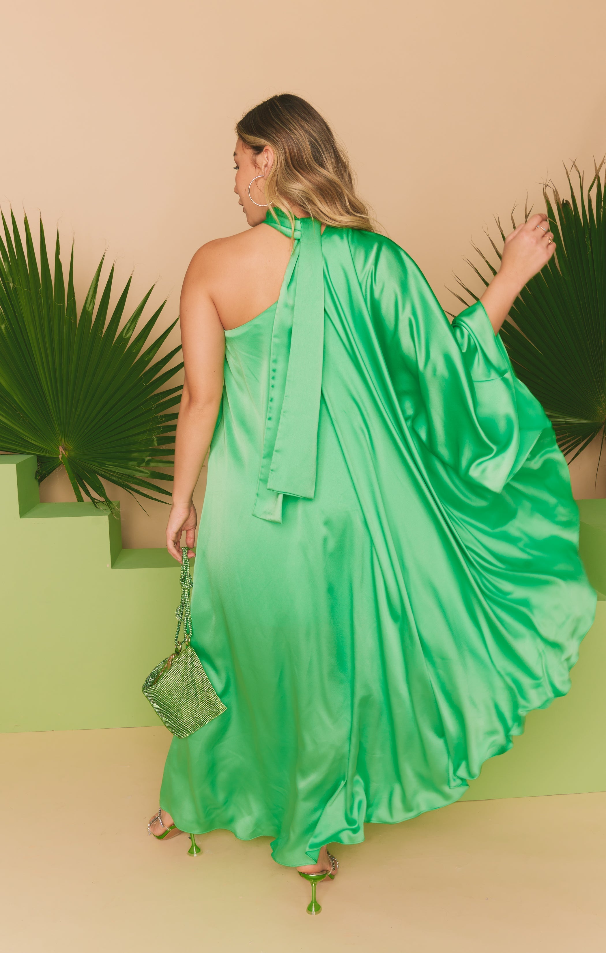 Rhea One Shoulder Dress ~ Kiwi Luxe Satin