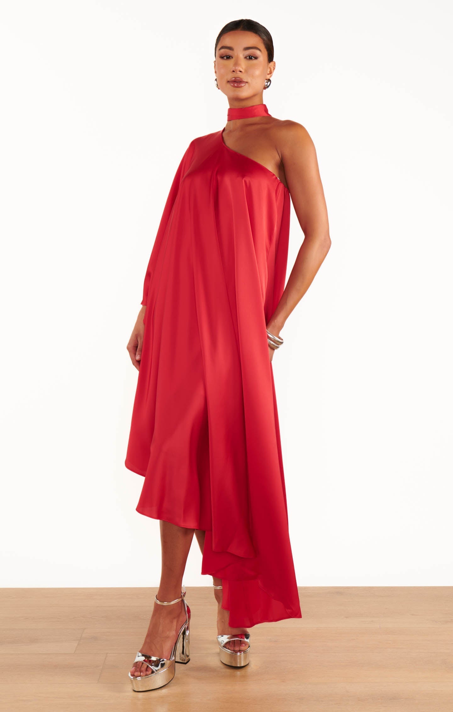 Rhea One Shoulder Dress ~ Red Luxe Satin