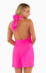 Jasmine Tie Mini Dress ~ Vivid Pink Luxe Satin