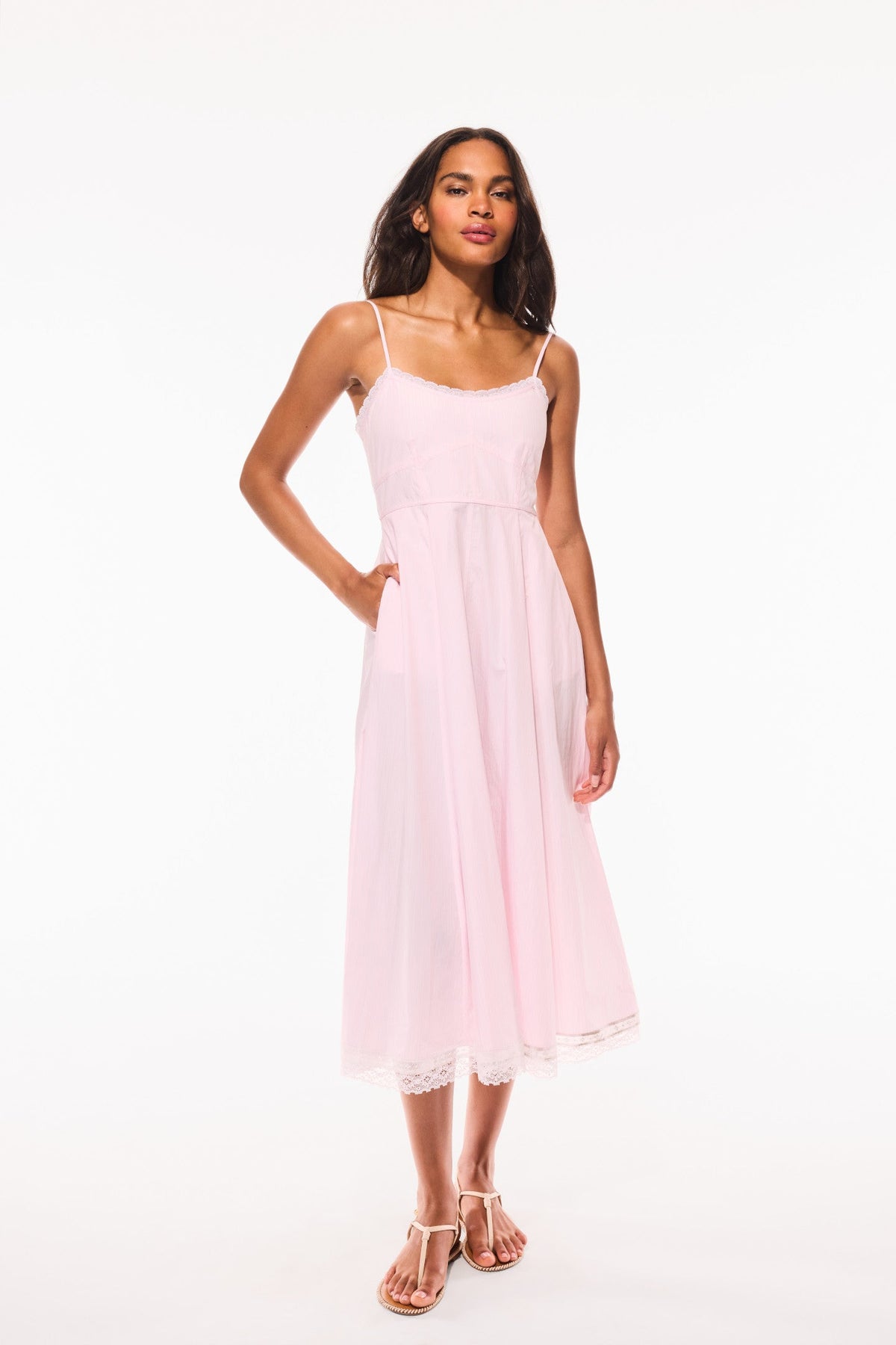 Sandara Cotton Pinstripe Midi Dress - PINK RIVIERA