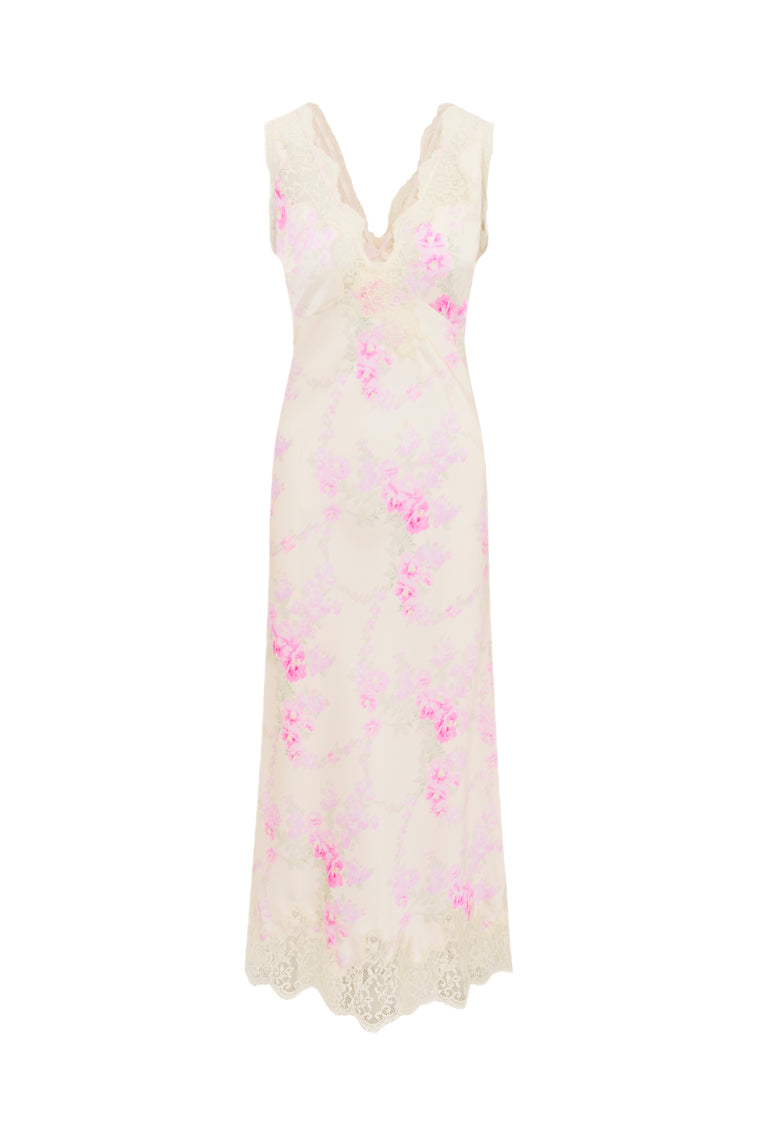 Serene Satin Lace-Trimmed Maxi Dress
