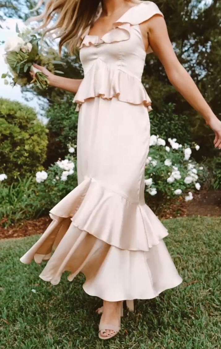 Reese Ruffle Dress ~ Champagne Luxe Satin