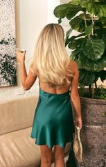 Jasmine Halter Mini Dress ~ Emerald Luxe Satin