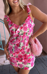 Rosa Ruffle Mini Dress ~ Pink Floral Soiree