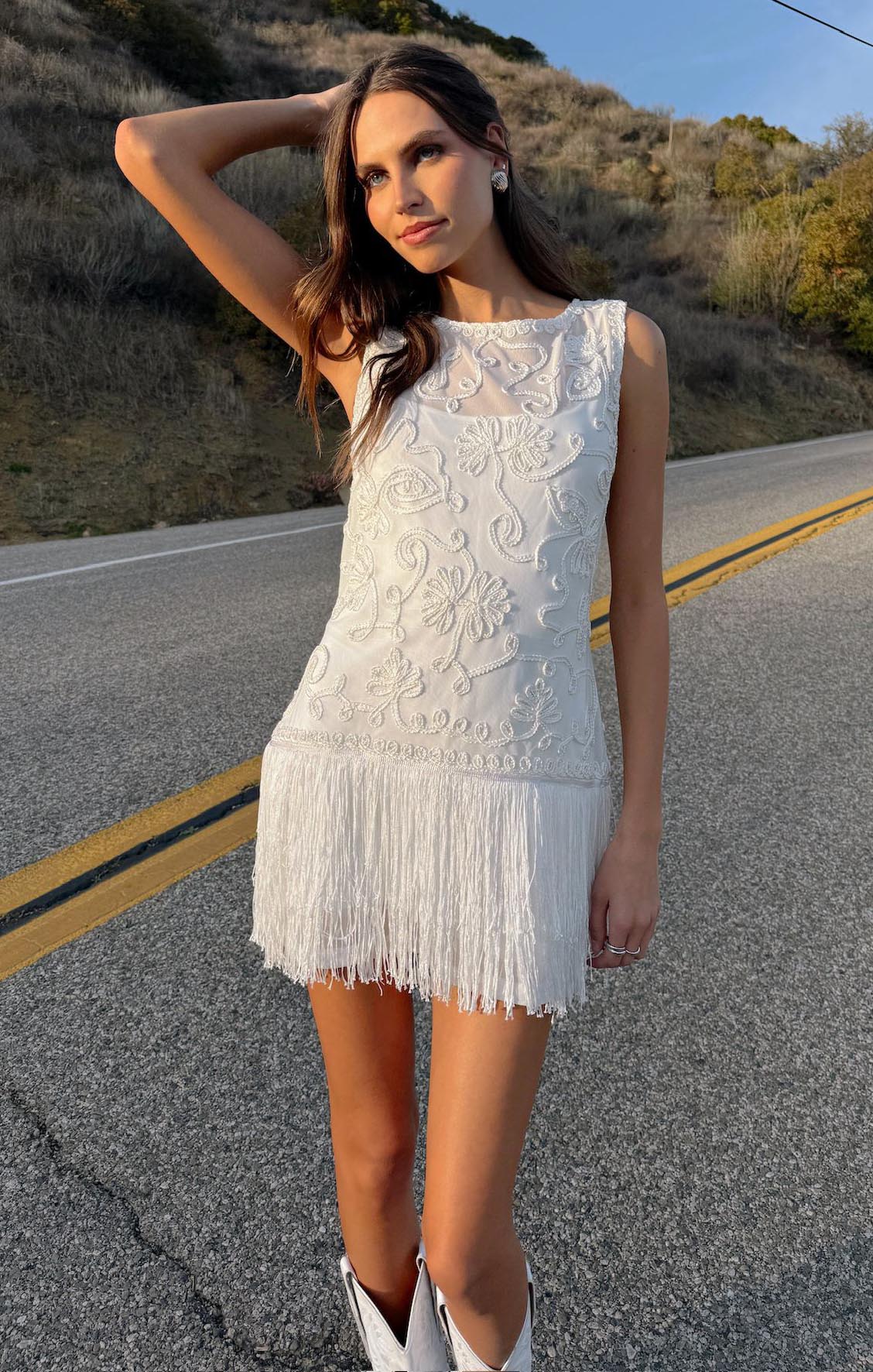 Cyrus Mini Dress ~ White With Fringe