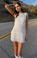 Cyrus Mini Dress ~ White With Fringe