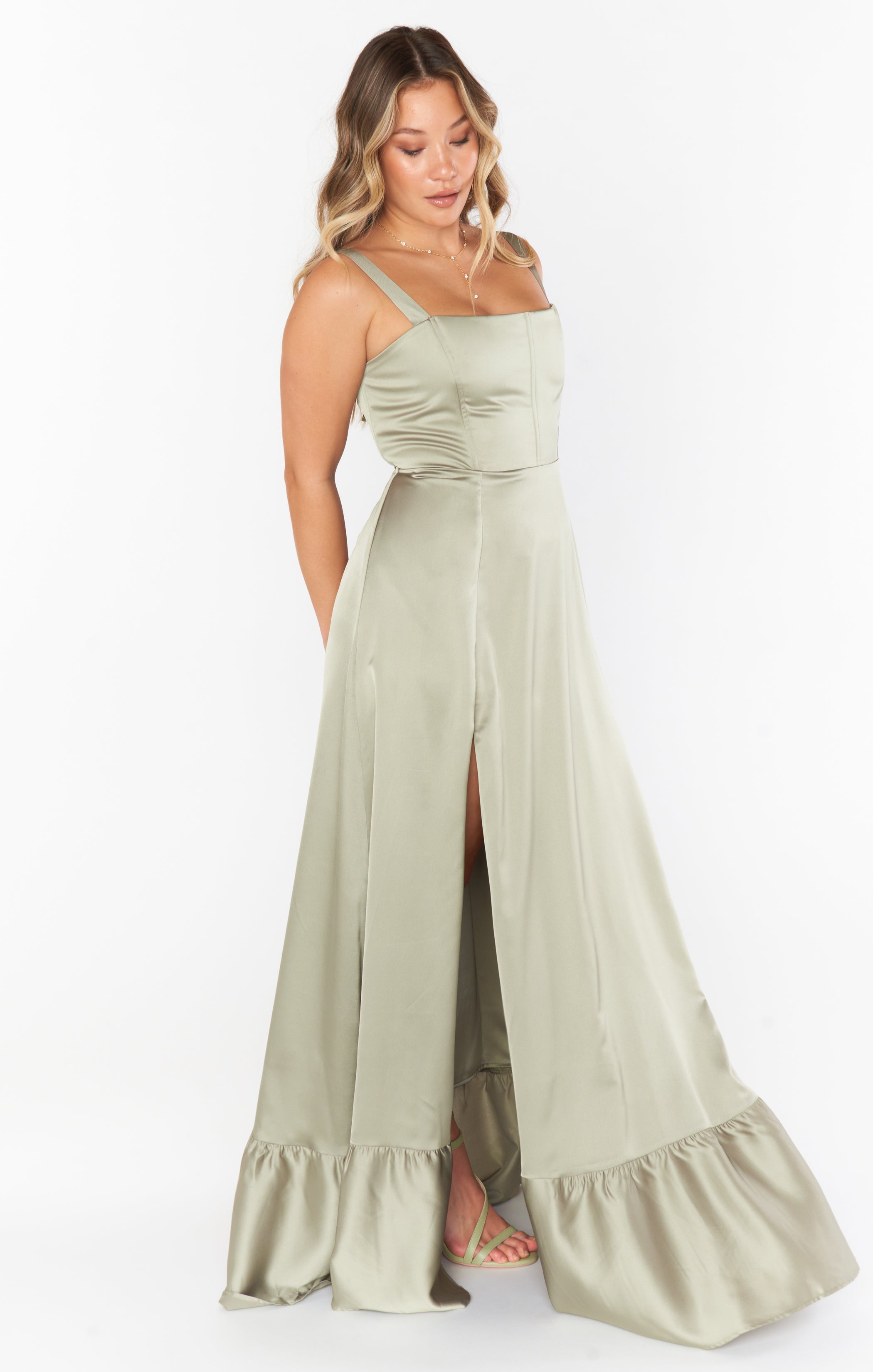Clarissa Corset Dress ~ Moss Green Luxe Satin