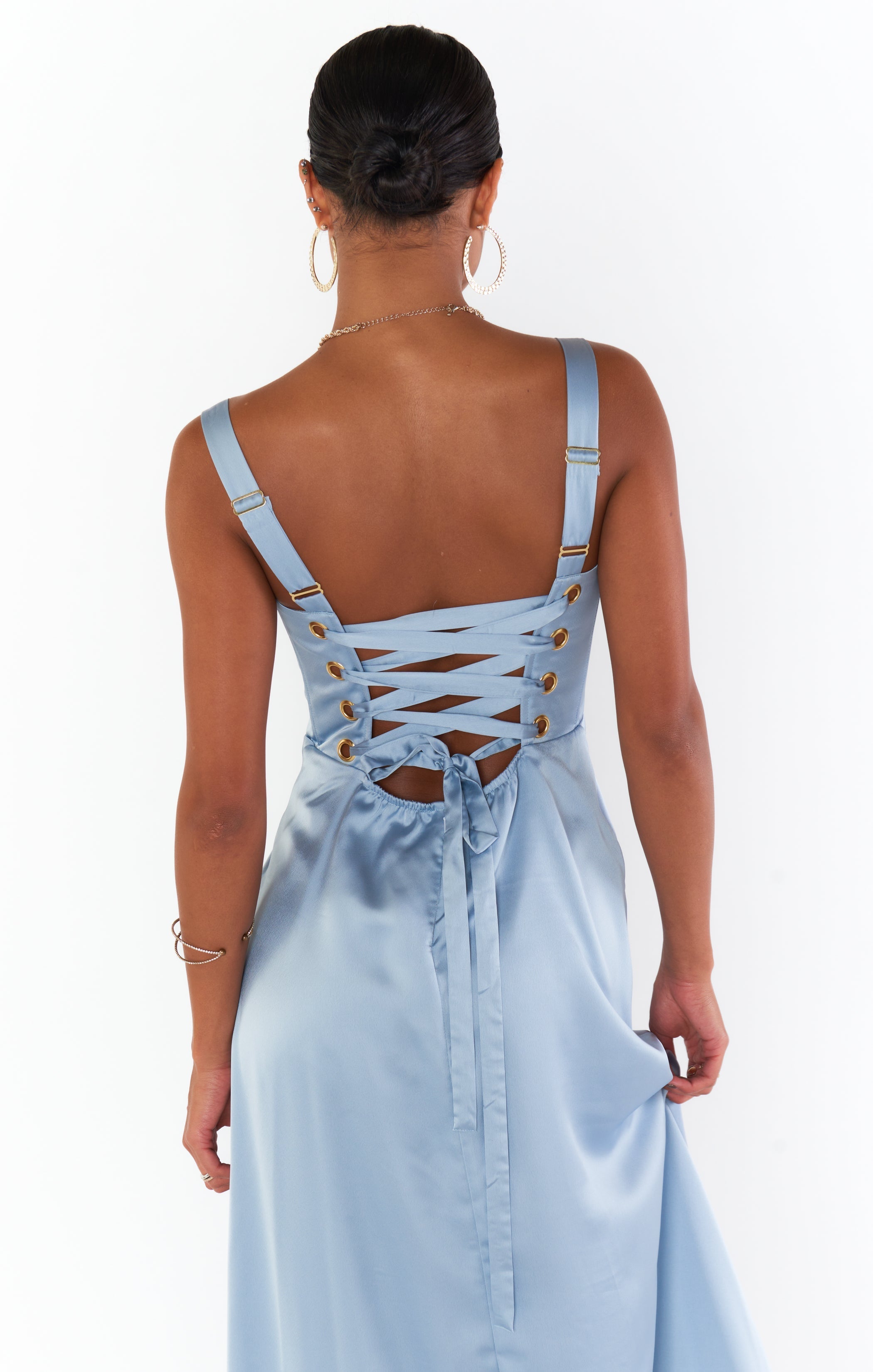 Clarissa Corset Dress ~ Steel Blue Luxe Satin