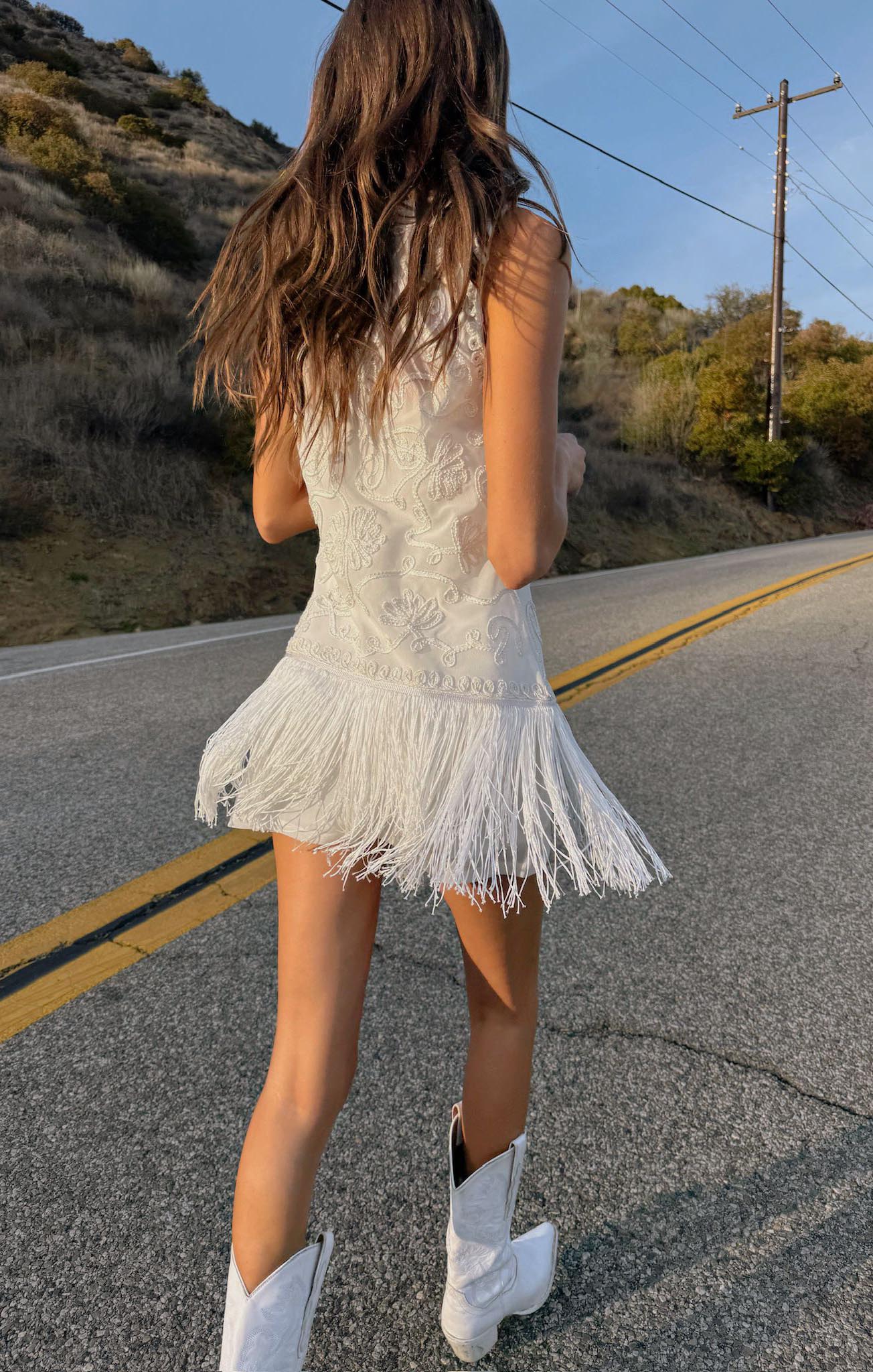 Cyrus Mini Dress ~ White With Fringe